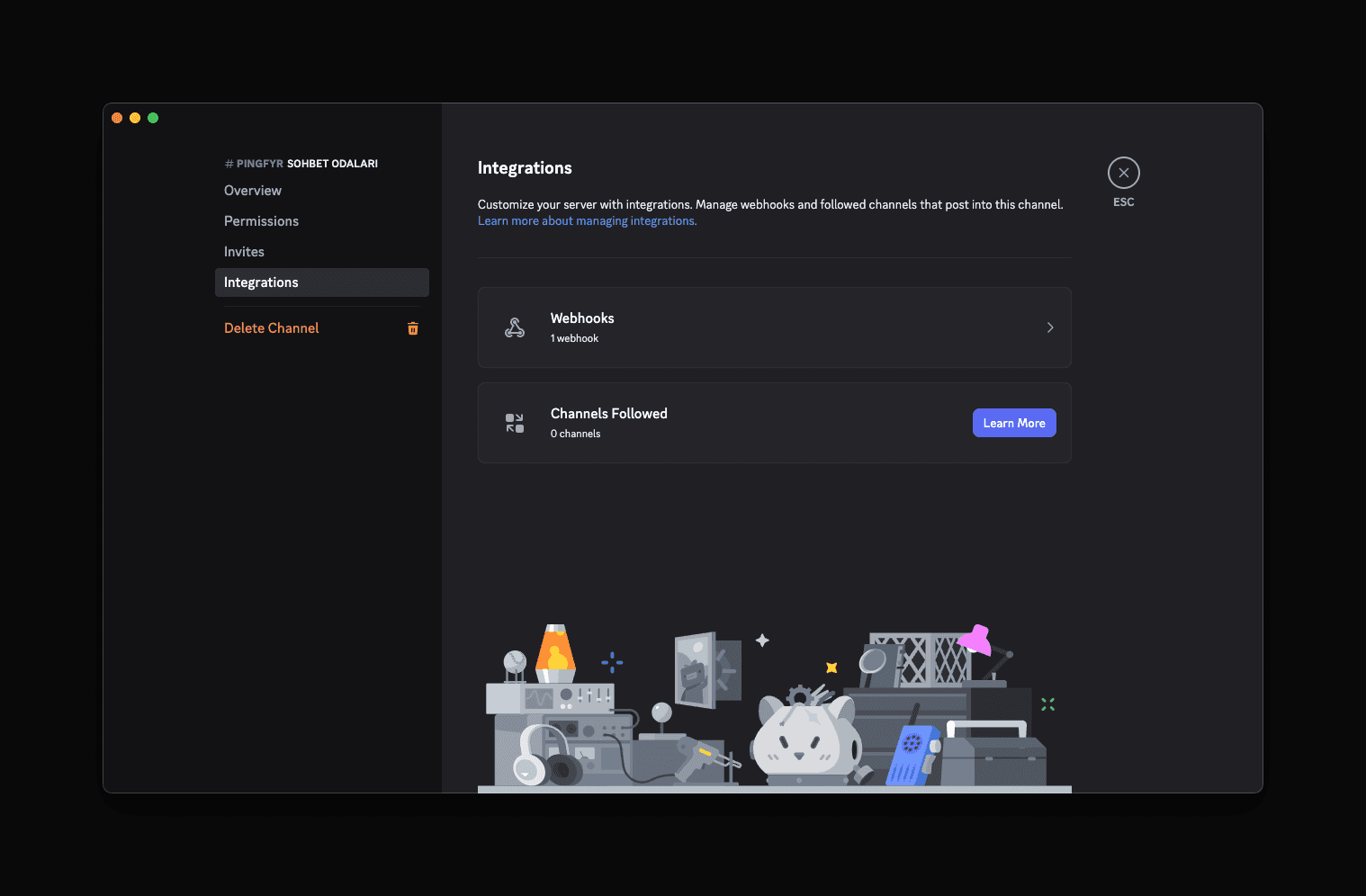 Discord channel settings — Integrations tab