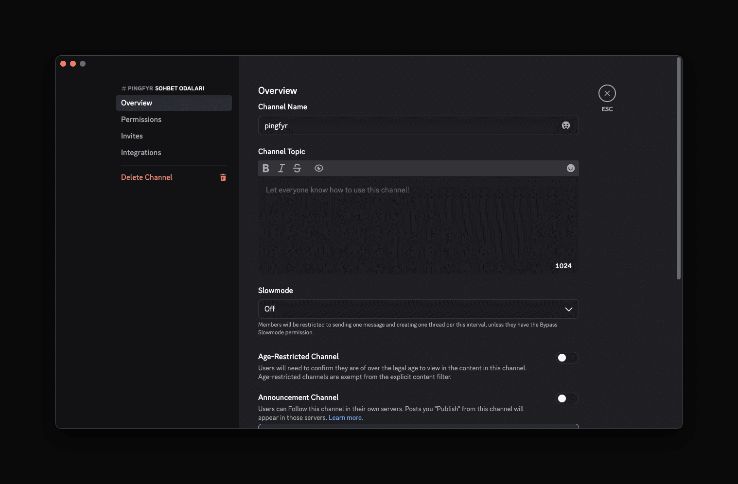 Discord channel settings — Overview tab